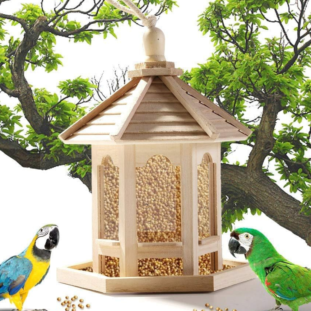 Wooden Bird Feeder with Clear Seed Window – Hanging