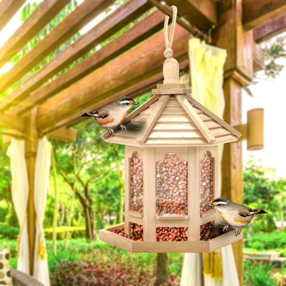 Wooden Bird Feeder with Clear Seed Window – Hanging