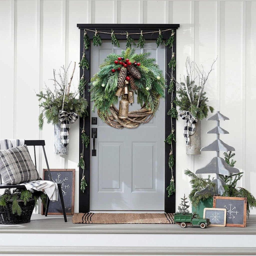 Farmhouse Christmas Wreath – Pine Cone & Bell, 17 Inch