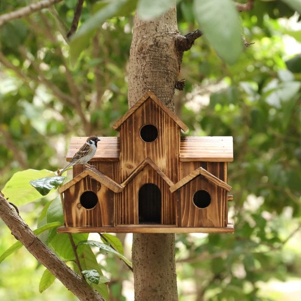 Wooden Birdhouse with 6 Holes – Handcrafted Nesting Box