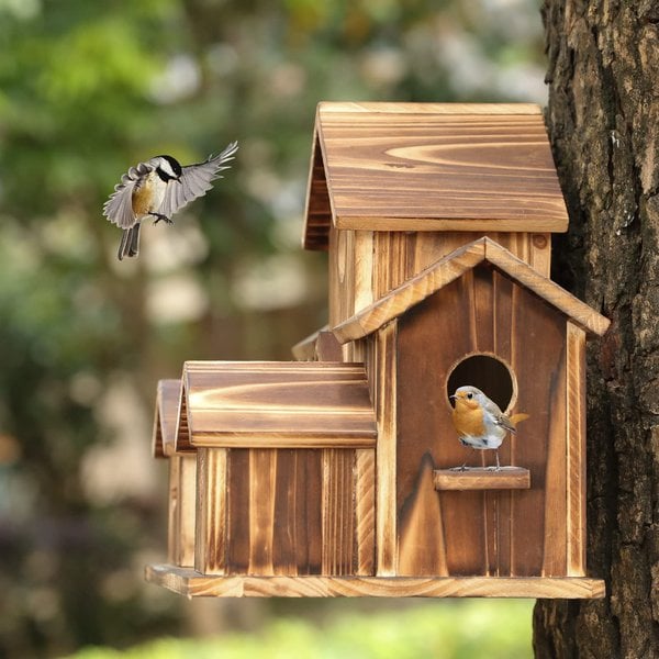 Wooden Birdhouse with 6 Holes – Handcrafted Nesting Box
