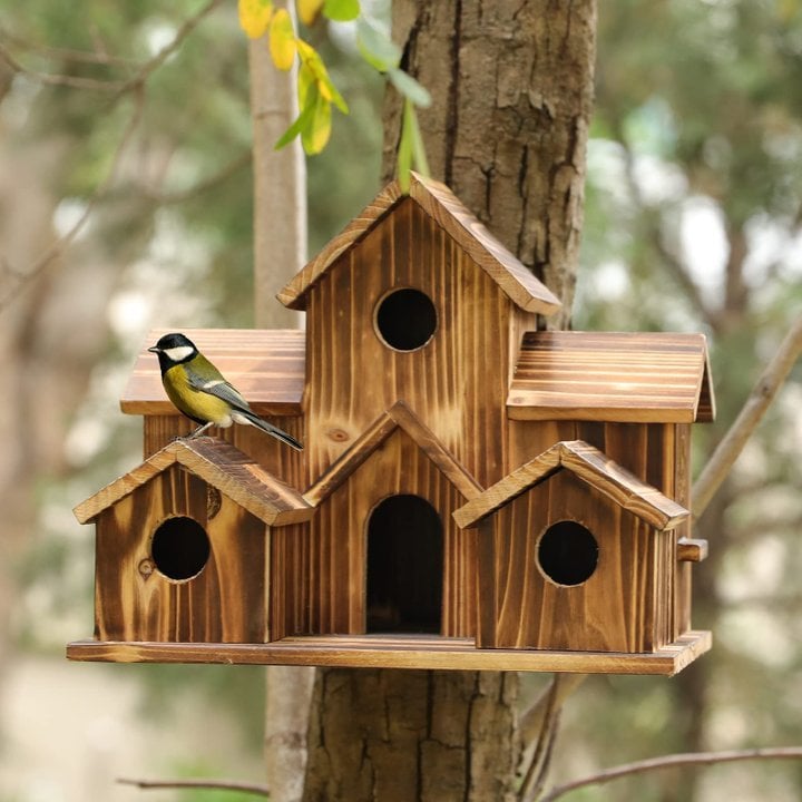Wooden Birdhouse with 6 Holes – Handcrafted Nesting Box