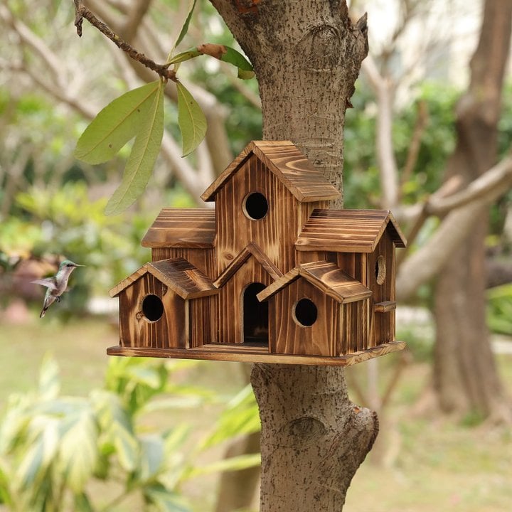 Wooden Birdhouse with 6 Holes – Handcrafted Nesting Box