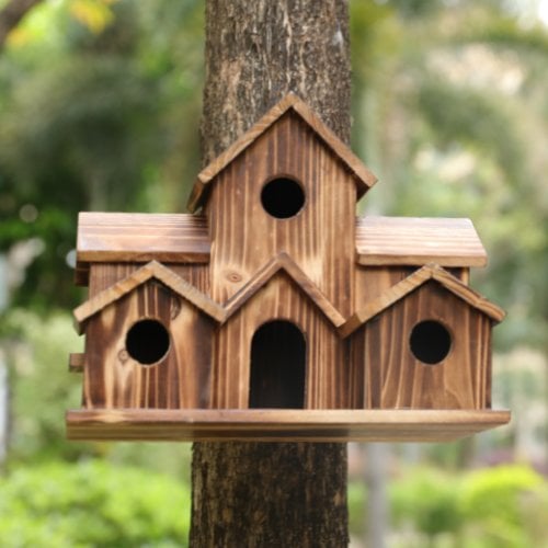 Wooden Birdhouse with 6 Holes – Handcrafted Nesting Box