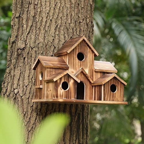 Wooden Birdhouse with 6 Holes – Handcrafted Nesting Box