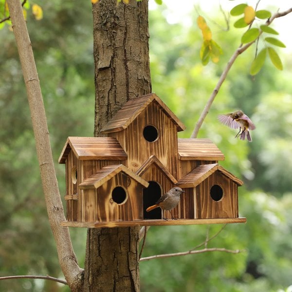 Wooden Birdhouse with 6 Holes – Handcrafted Nesting Box