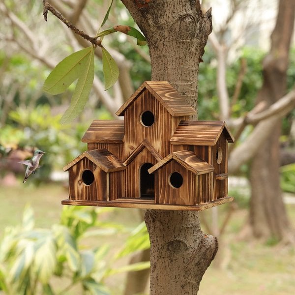 Wooden Birdhouse with 6 Holes – Handcrafted Nesting Box