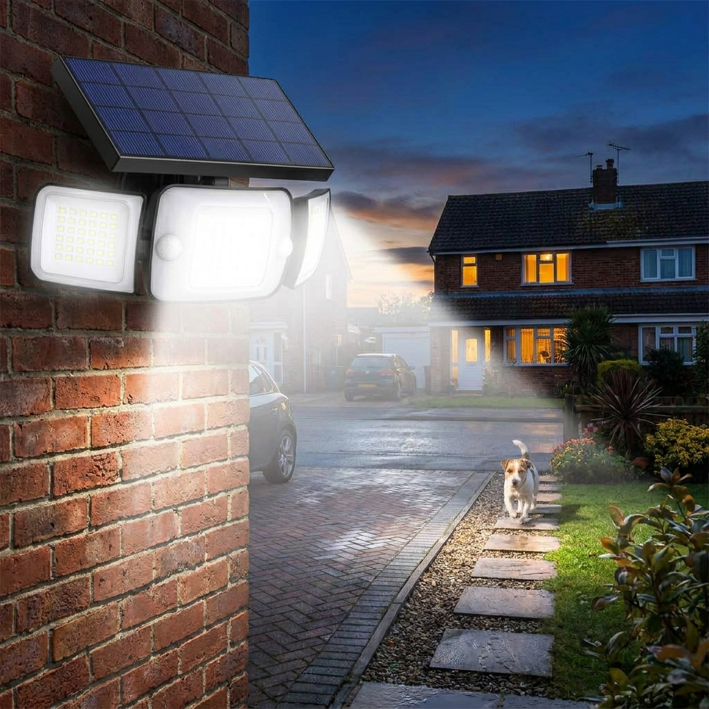 Solar flood light with motion sensor mounted on house wall lighting a driveway at dusk