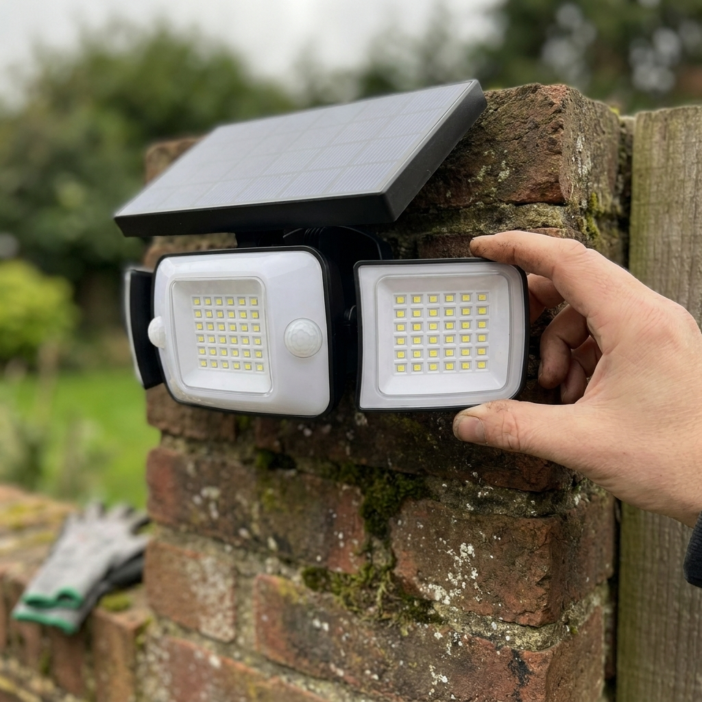 Hand adjusting solar flood light head mounted on a brick garden wall in daylight