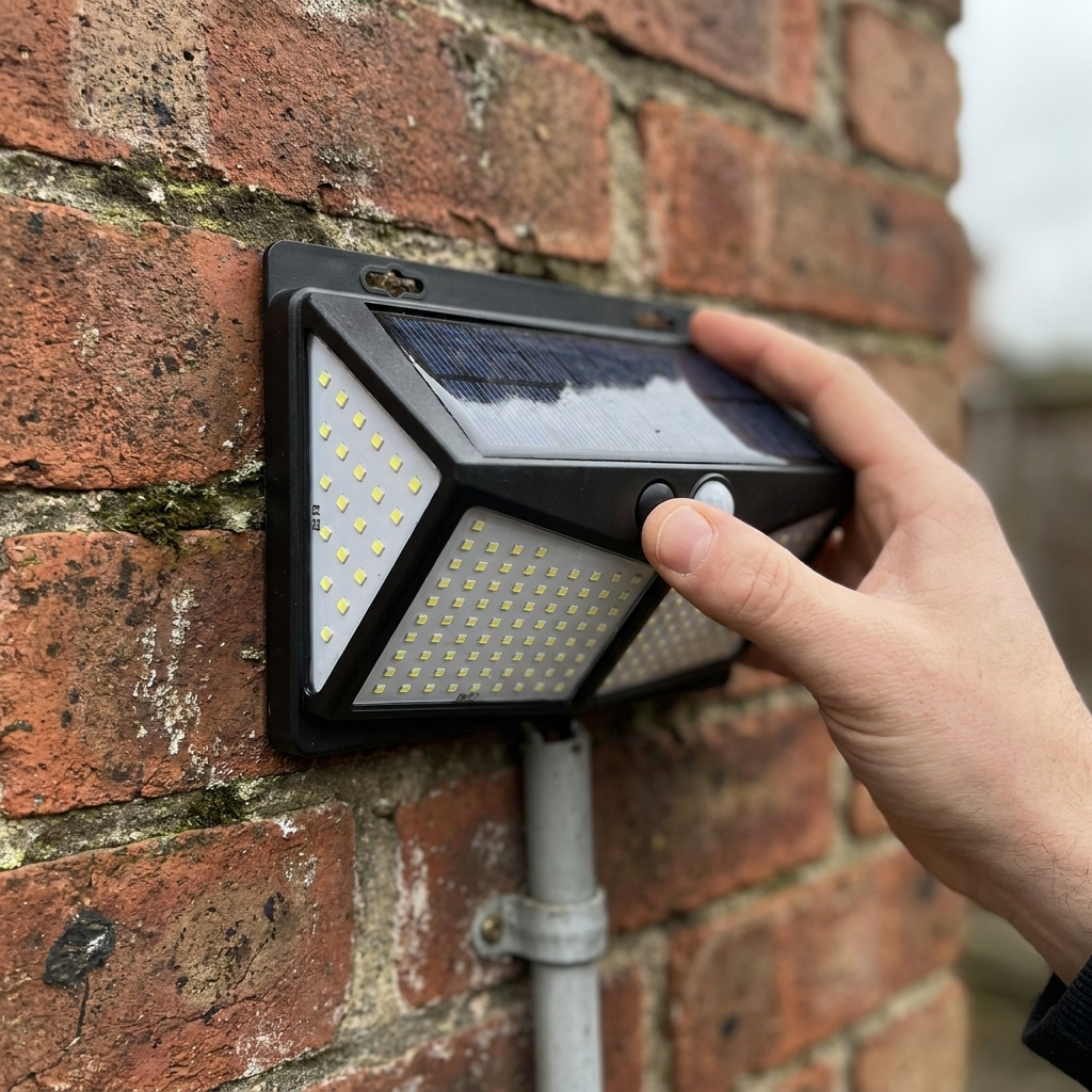 Solar motion sensor security light being adjusted on a brick garage wall