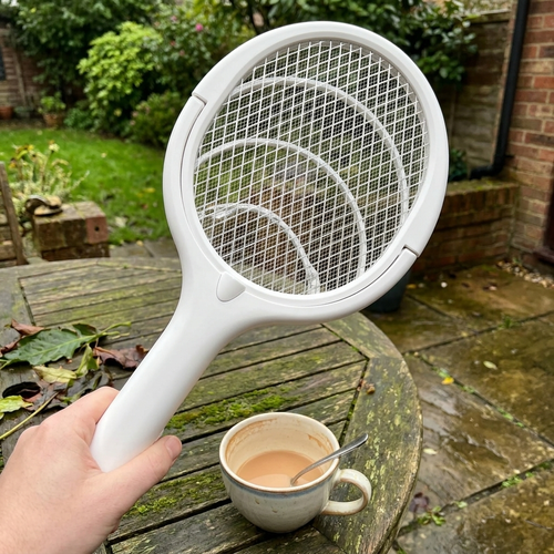 Rechargeable bug zapper racket in use on a garden patio