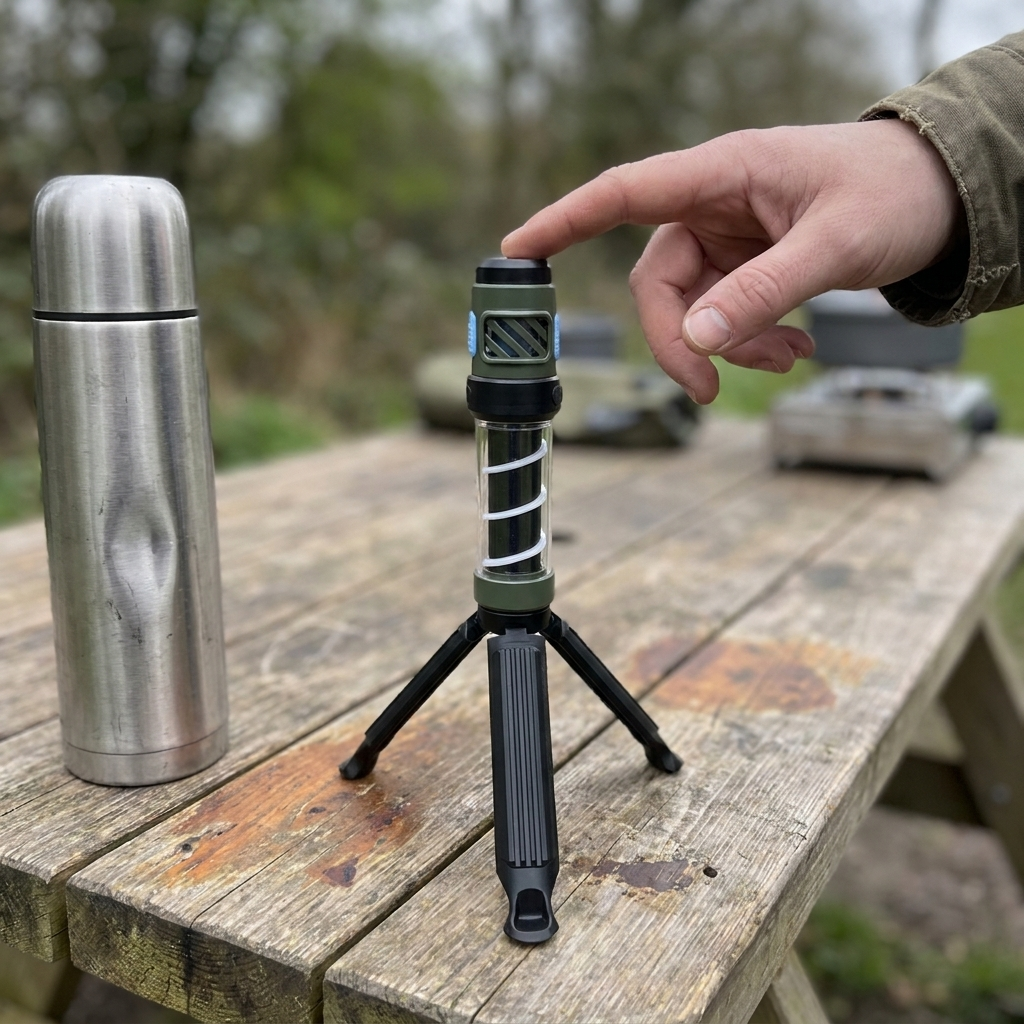 Mosquito repellent lamp on a camping table