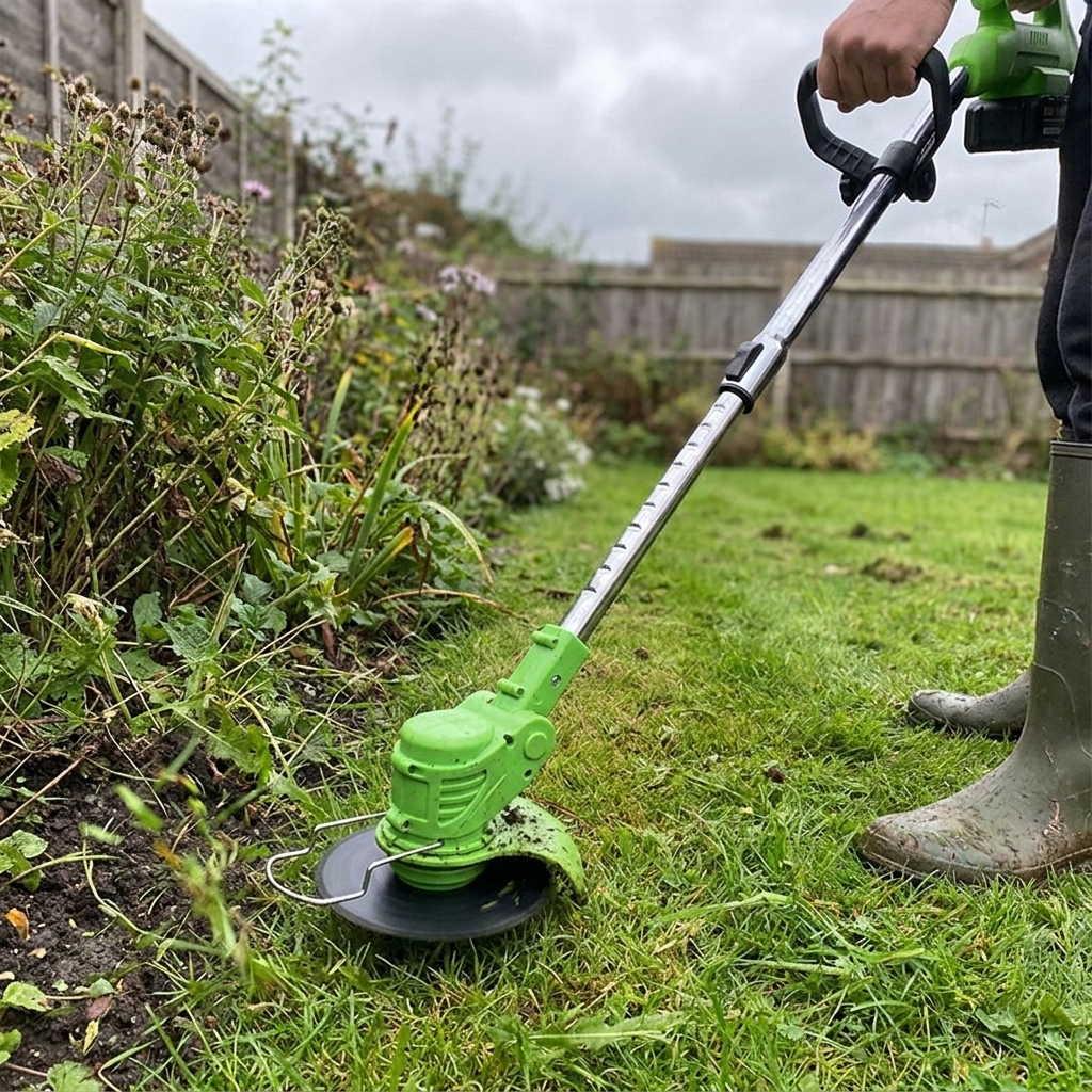 Telescopic cordless grass strimmer trimming a lawn edge
