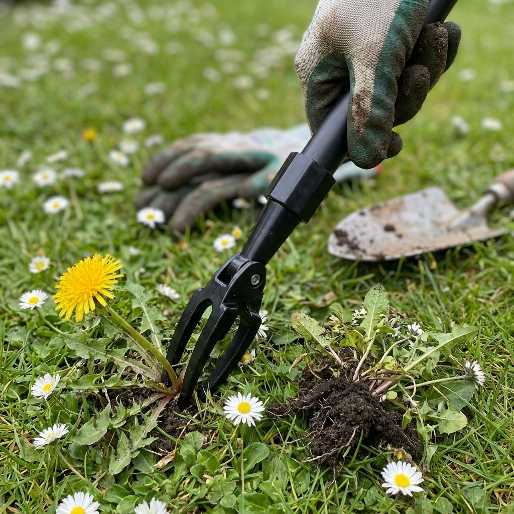 Stand up weed puller removing a dandelion from a lawn