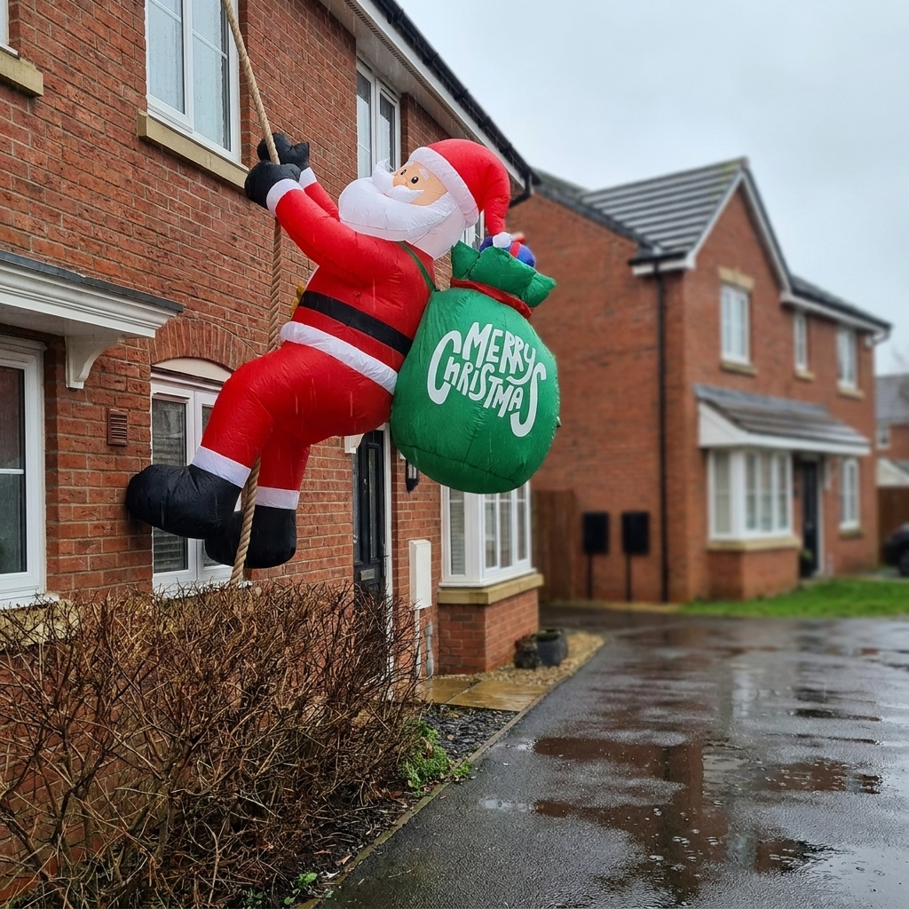 Giant 8ft climbing Santa inflatable on the front of a house in December