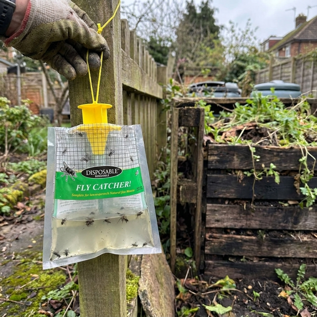 Outdoor fly trap hanging on a garden fence