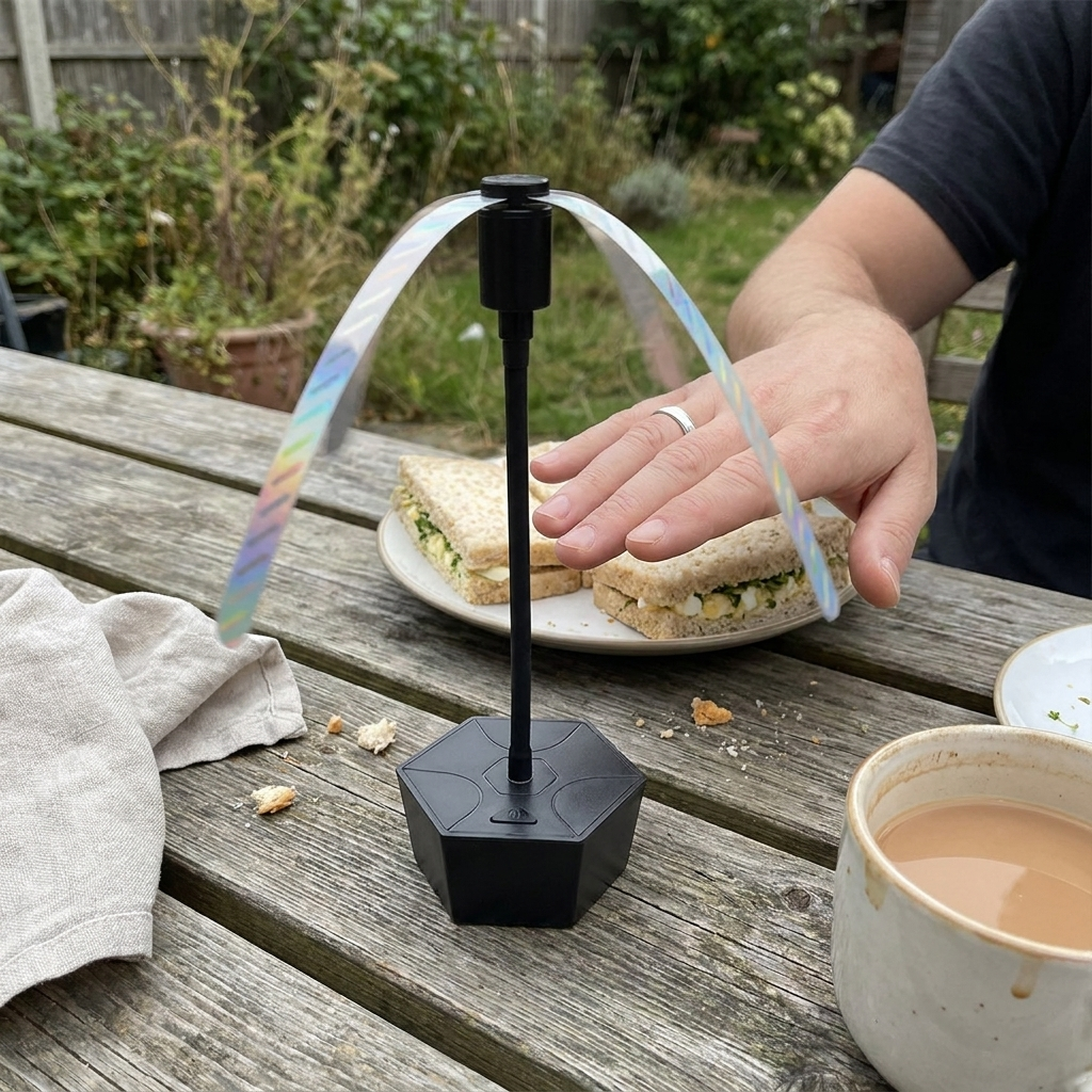 Fly repellent fan on a garden picnic table