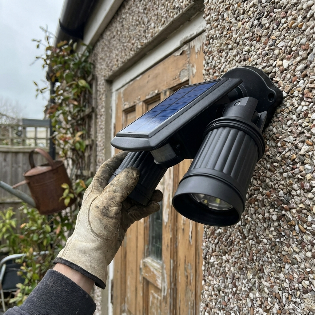 Solar security light mounted above a back garden door