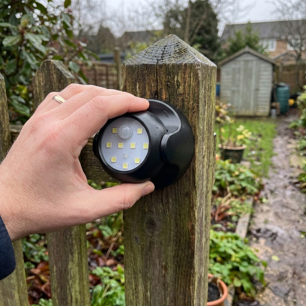 Wireless LED motion sensor spotlight on a wooden fence post