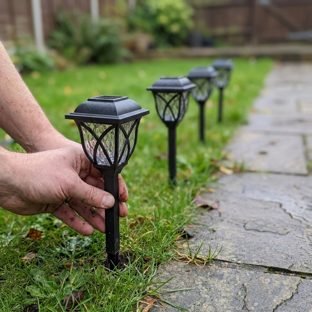 Solar pathway lights being placed along a garden path