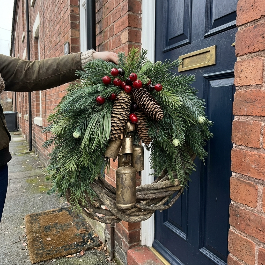 Farmhouse Christmas wreath being hung on a front door