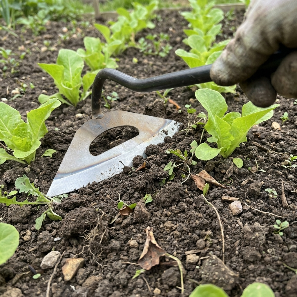 Steel hollow hoe weeding a vegetable bed