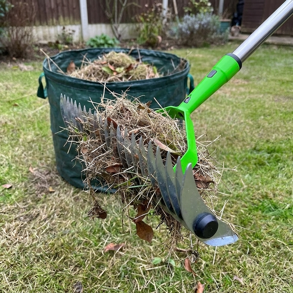 Long reach thatch rake dethatching a lawn