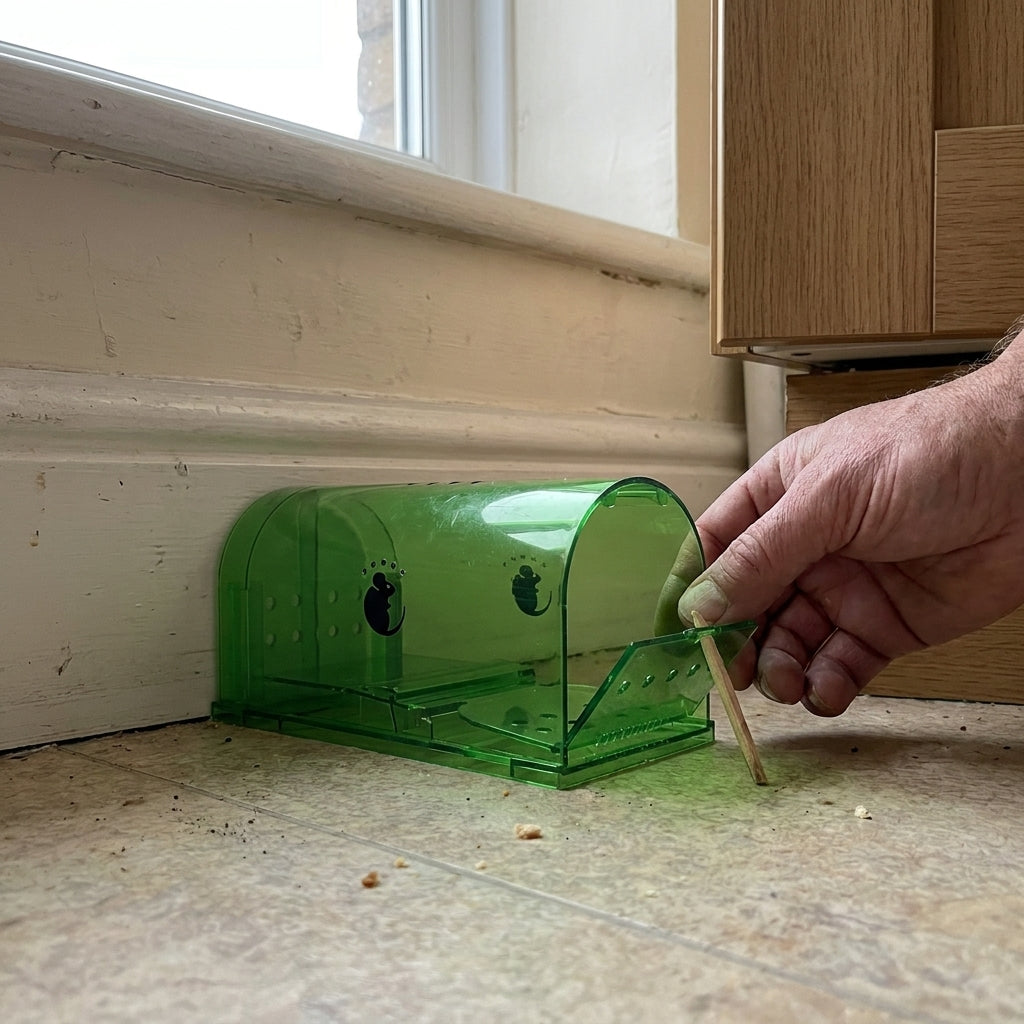 Humane mouse trap placed along a kitchen skirting board