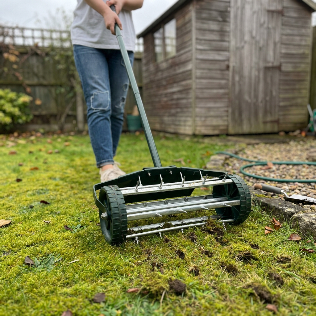 Rolling spike lawn aerator being pushed across a lawn
