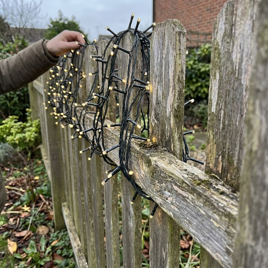 Solar fairy lights draped along a wooden garden fence