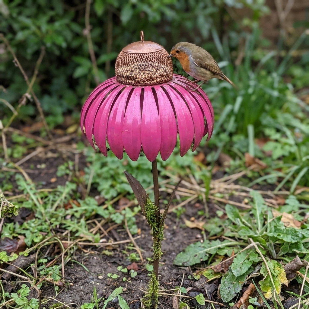 Flower bird feeder on stake in a garden border with a robin