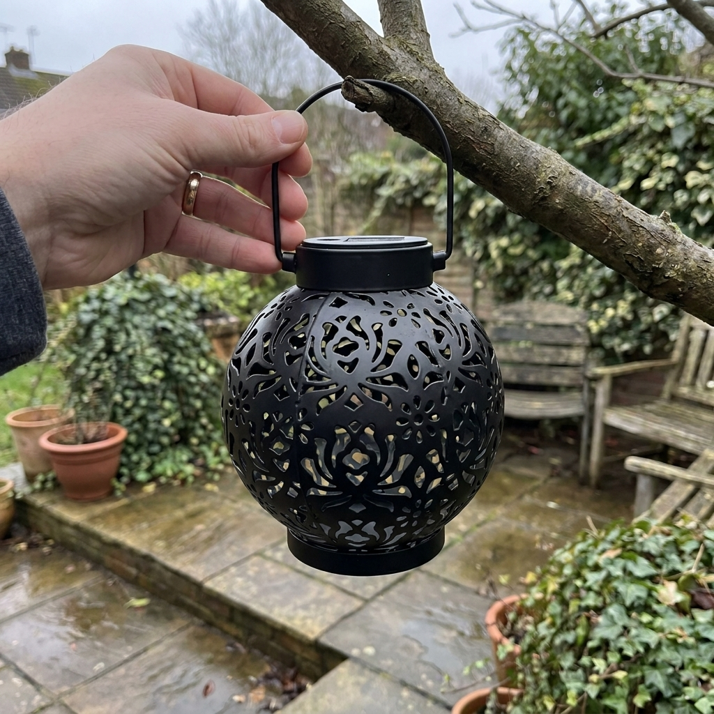 Solar pendant lantern hanging from a tree branch over a patio