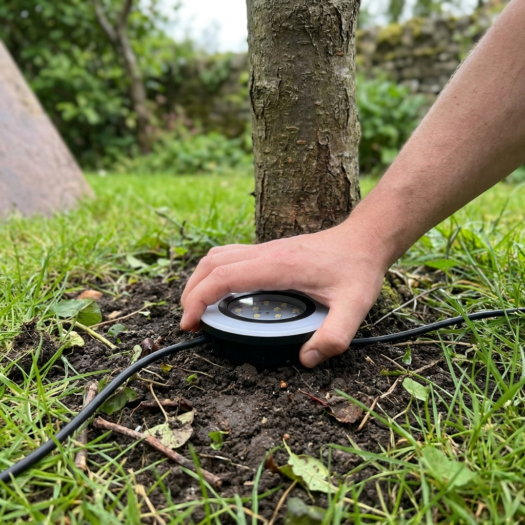 LED tree spotlight placed in soil at the base of a garden tree