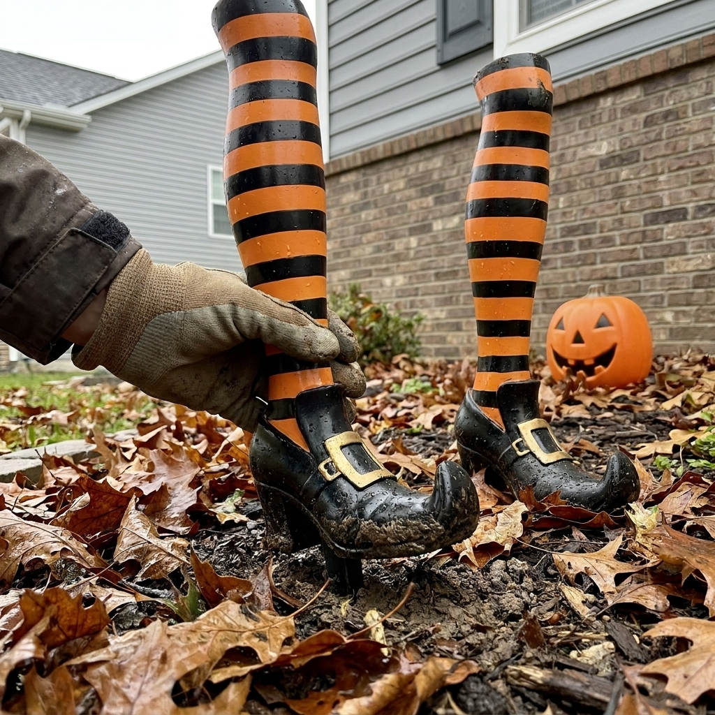 Witch leg garden stakes in a Halloween flower bed