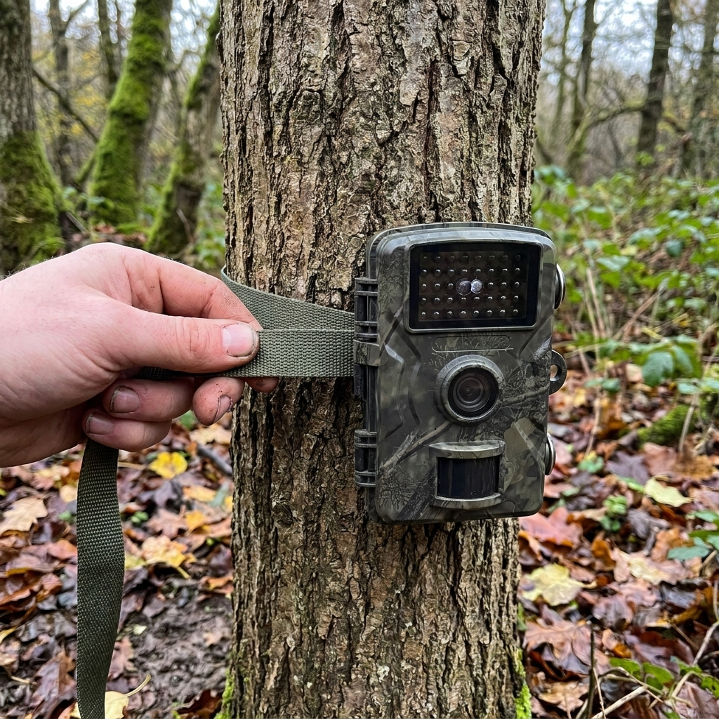 Trail camera being strapped to a tree in woodland