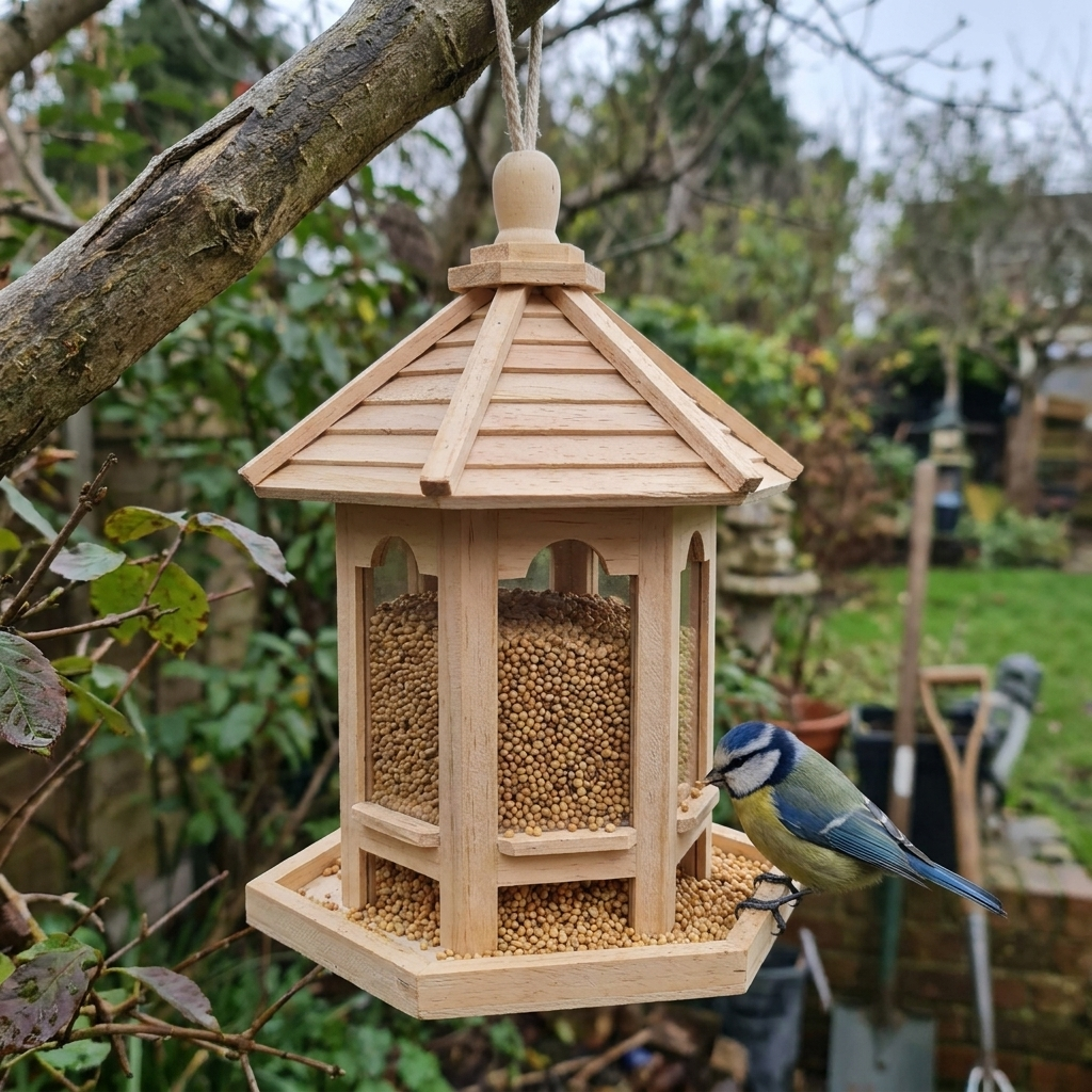 Wooden bird feeder hanging from a tree branch with a blue tit