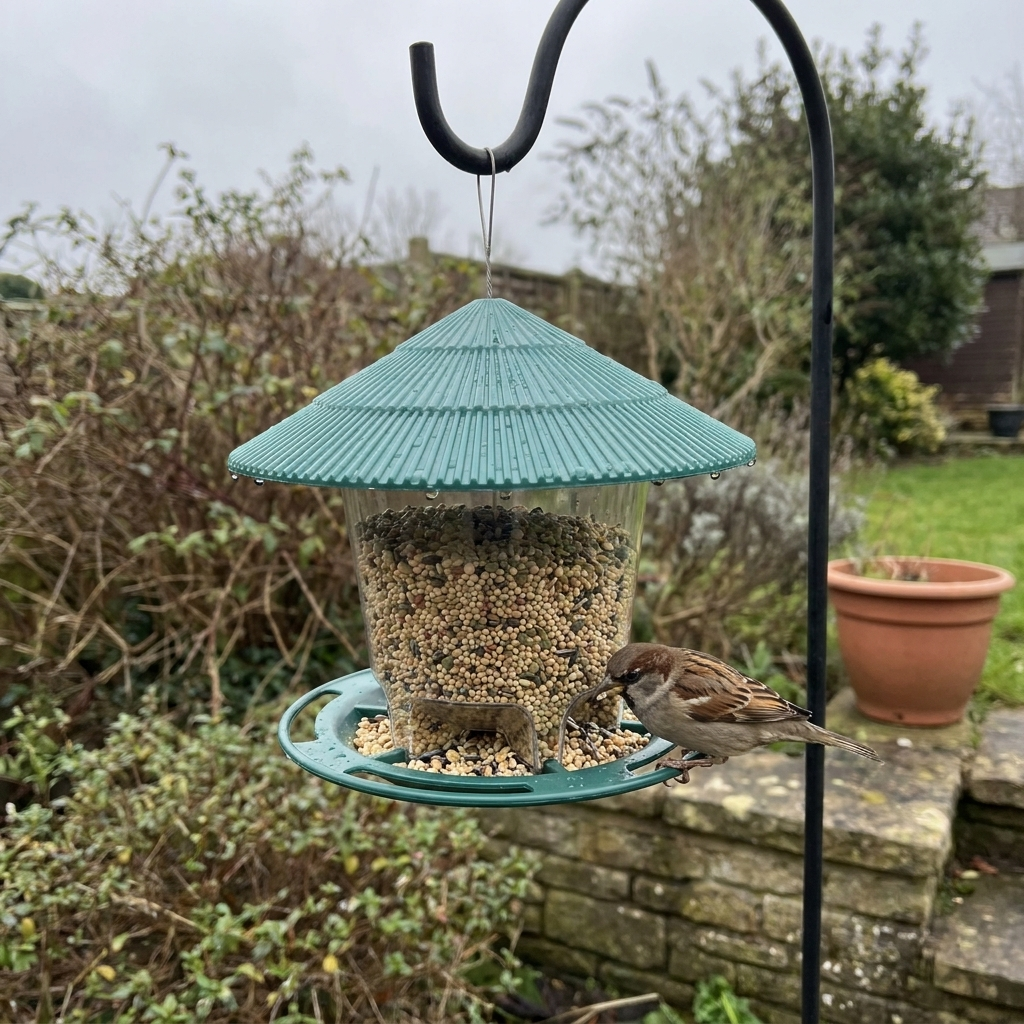 Hanging gravity bird feeder in a garden with a sparrow feeding