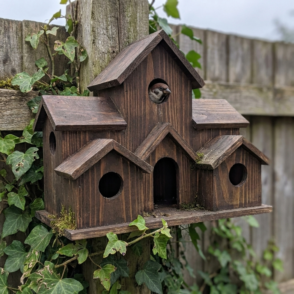 Six-hole wooden birdhouse mounted on a garden fence post