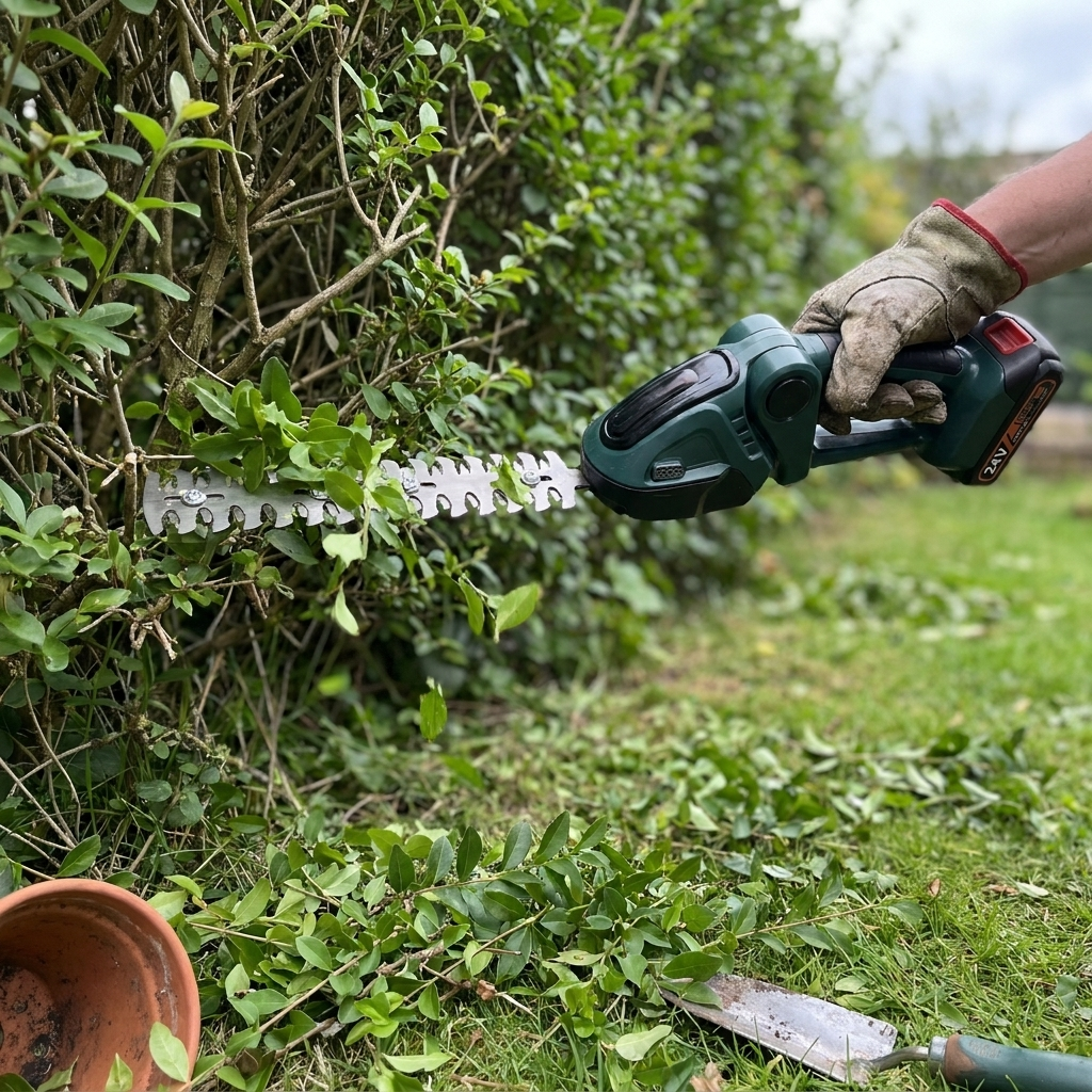 Cordless hedge trimmer cutting a garden hedge