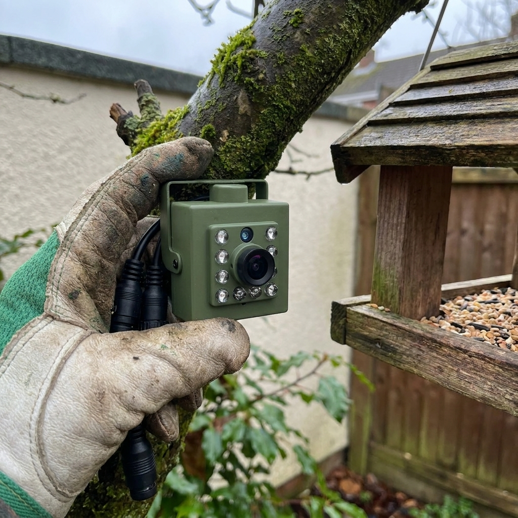 Wildlife bird camera being mounted in a garden tree