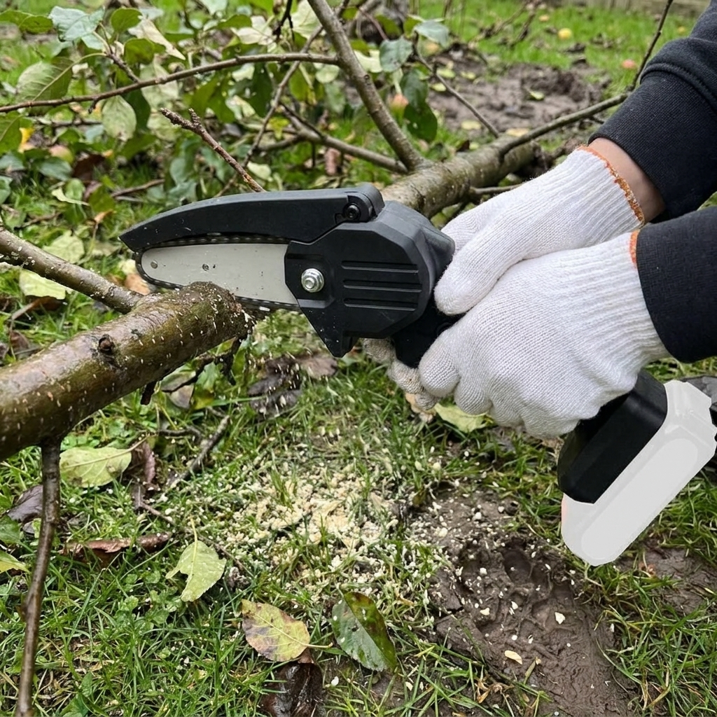 Cordless mini chainsaw cutting a tree branch