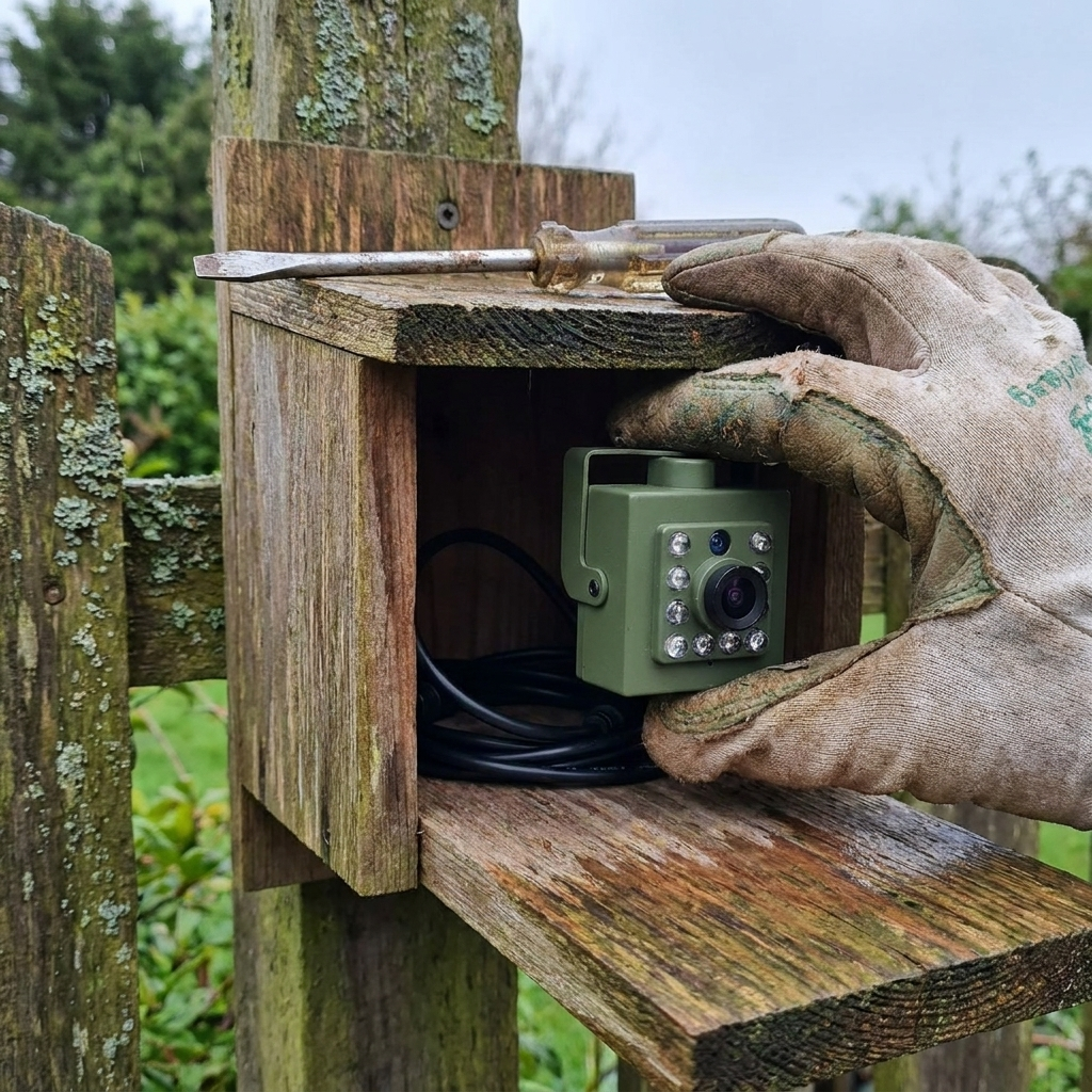 WiFi bird box camera being fitted inside a wooden nesting box
