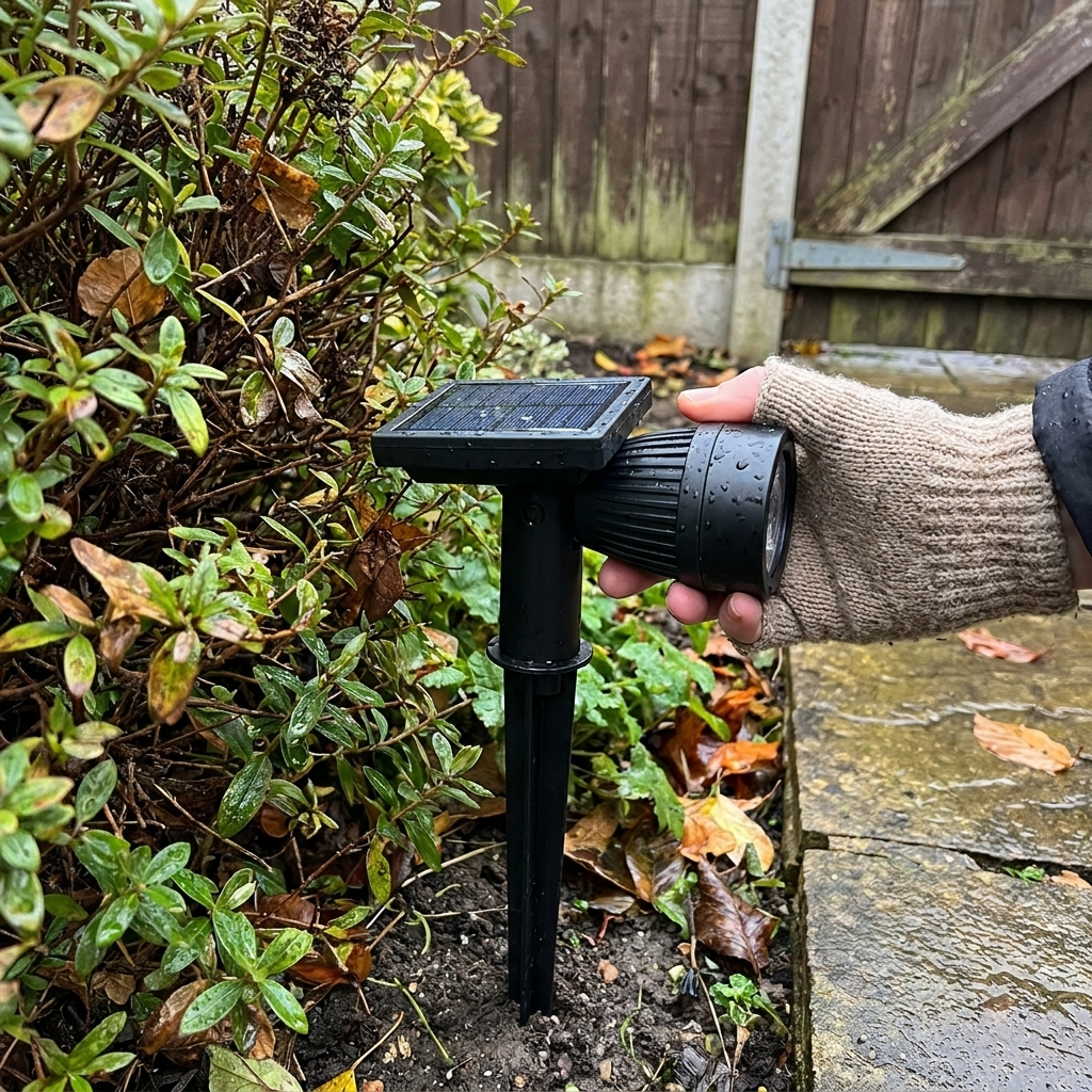 RGB solar spot light staked beside a garden shrub border