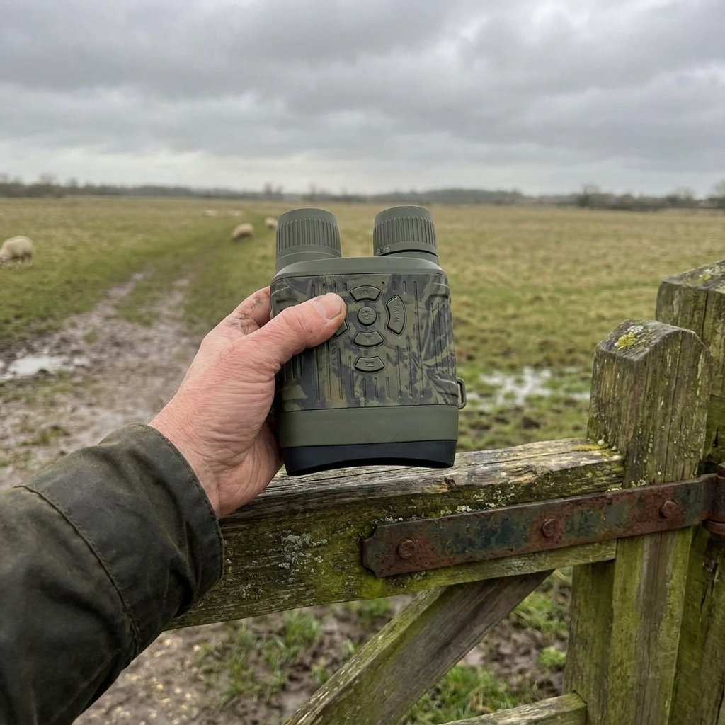 Night vision binoculars in use at the edge of a field