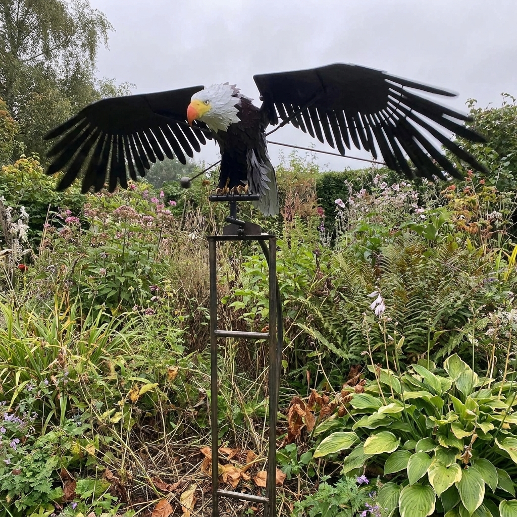 Metal eagle wind spinner staked in a garden border