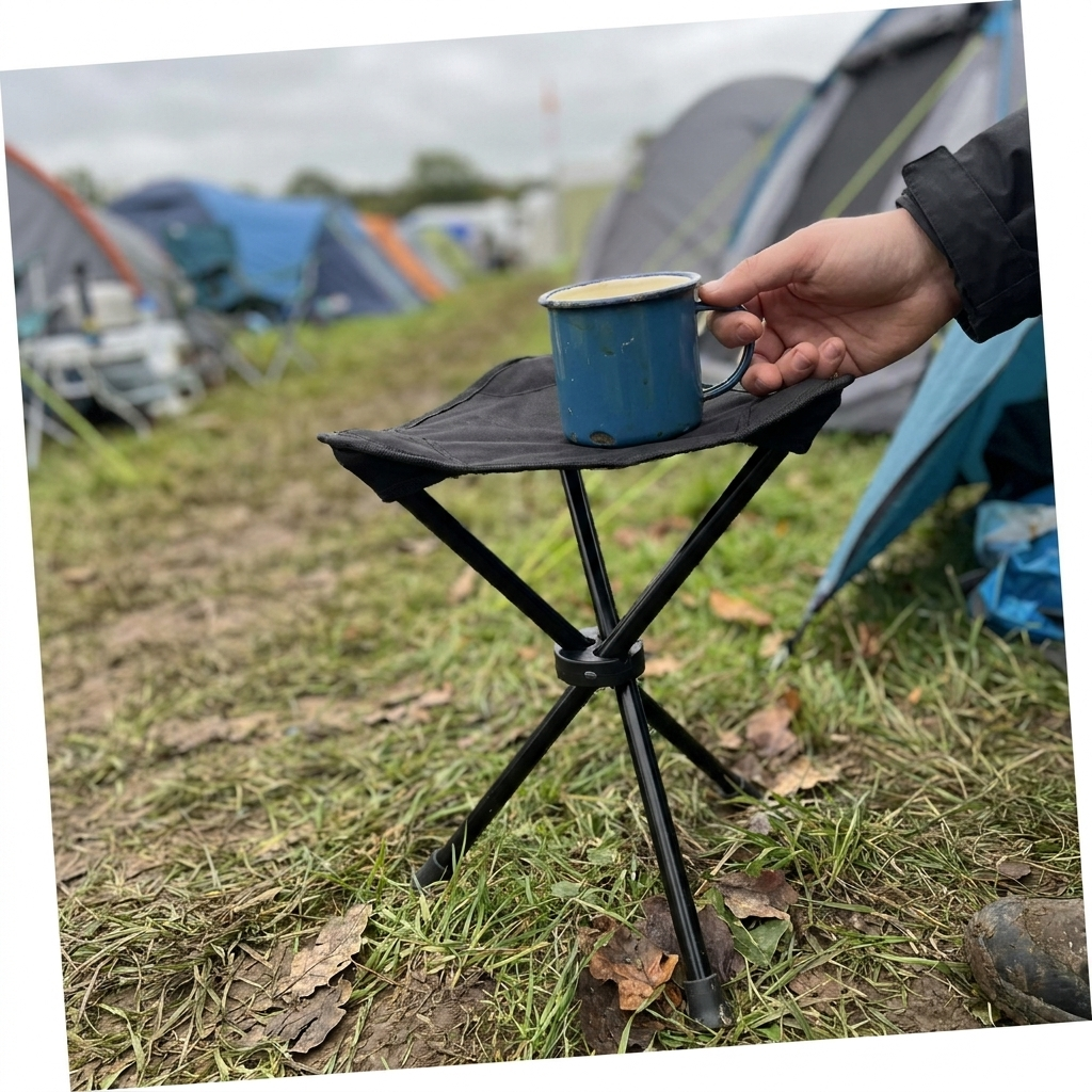 Lightweight folding camping chair in use at a campsite