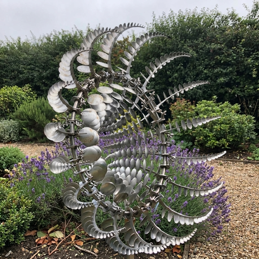 Kinetic metal wind spinner in a flower bed beside a garden path
