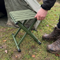 Folding camping stool set up on campsite grass
