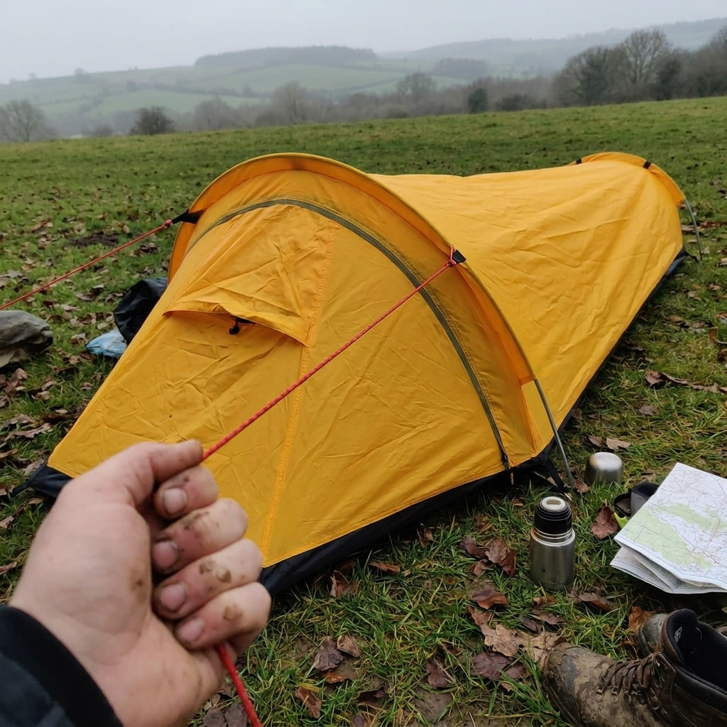 Ultralight one person tent pitched at a campsite