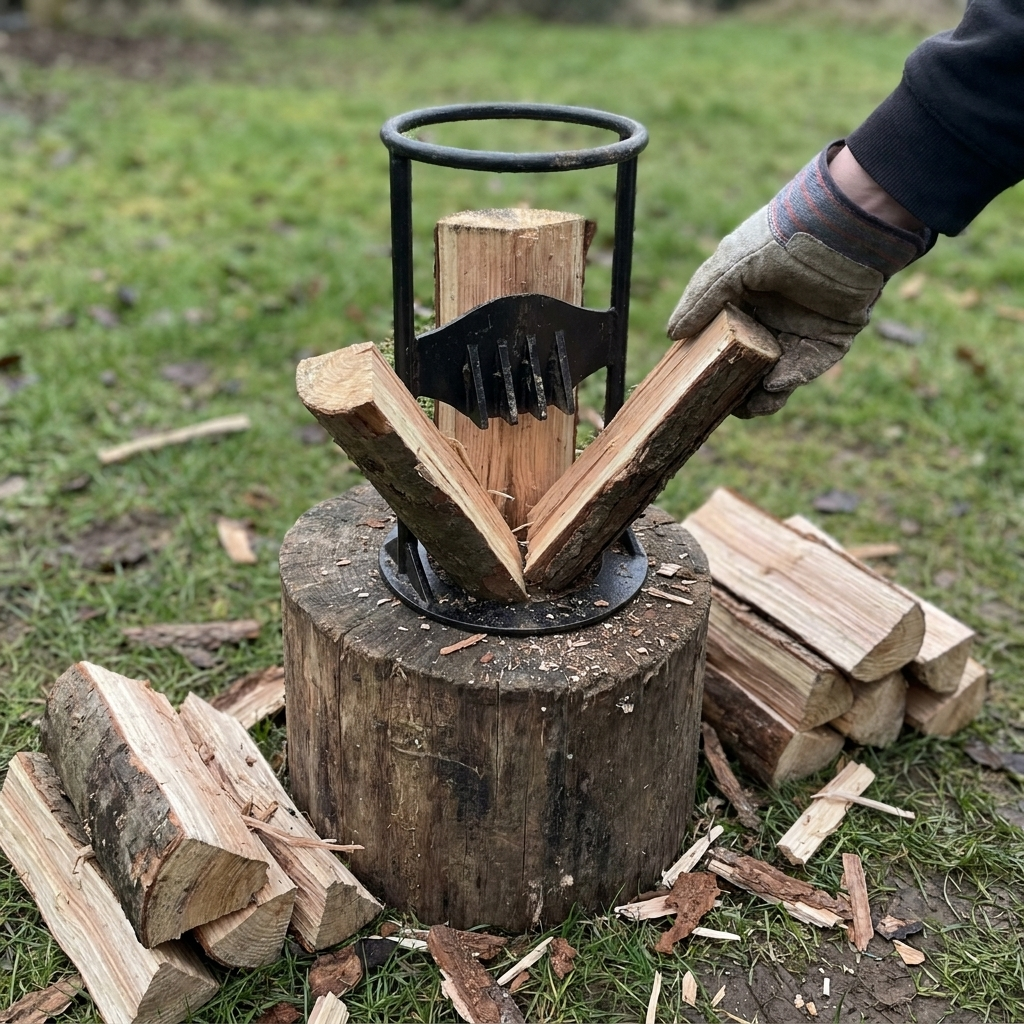 Cast iron firewood splitter wedge splitting a log